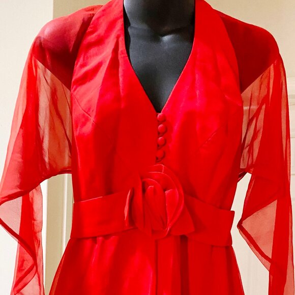 Elegant Red Chiffon Gown with Sheer Sleeves ~ Size Small - Picture 1 of 10
